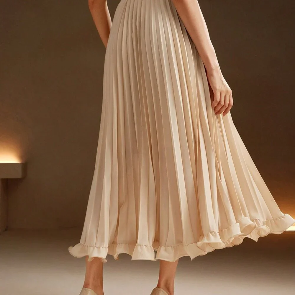 Apricot Elegant Women's Color Pleated Woven Ruffle Hem Skirt - Picture 3 of 7